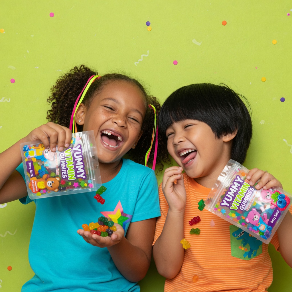 Happy kids holding vitamin gummies